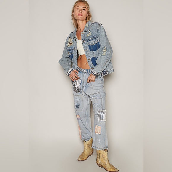 111. POL LAST 1! Coat Jacket Blue Scratched Pockets Heart Distressed Long Sleeve - Picture 5 of 9